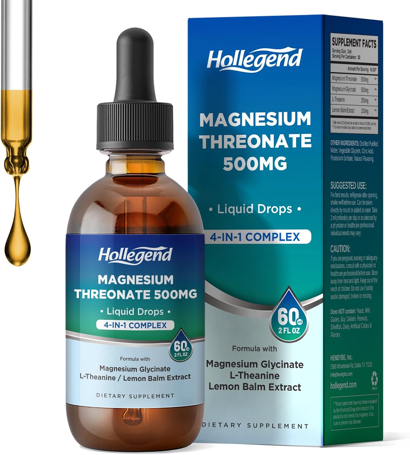 500mg Magnesium Threonate Liquid Drops with Glycinate, L-Theanine, Lemon Balm - Brain Health Supplement for Kids & Adults - 2 Fl Oz