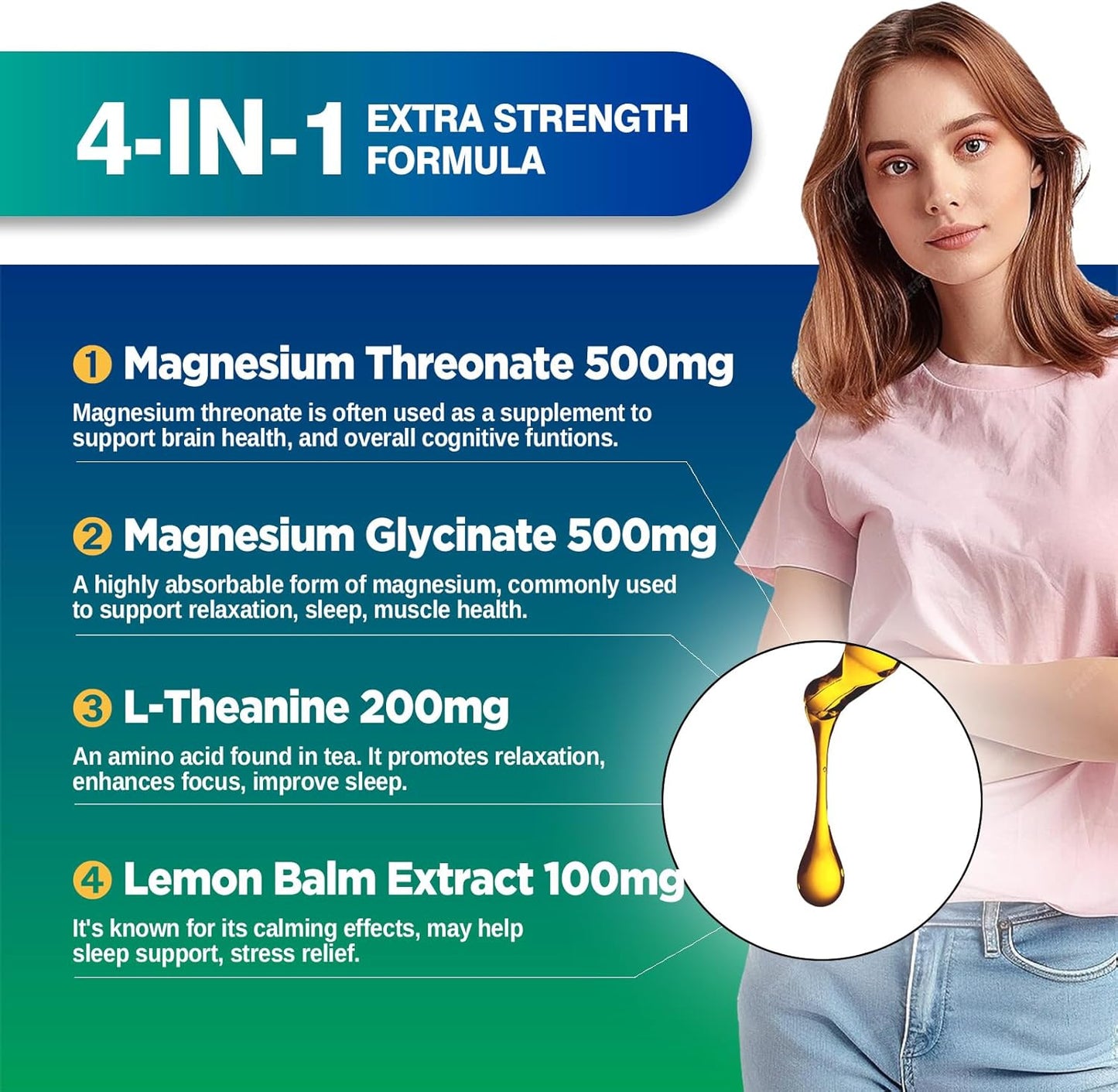 500mg Magnesium Threonate Liquid Drops with Glycinate, L-Theanine, Lemon Balm - Brain Health Supplement for Kids & Adults - 2 Fl Oz