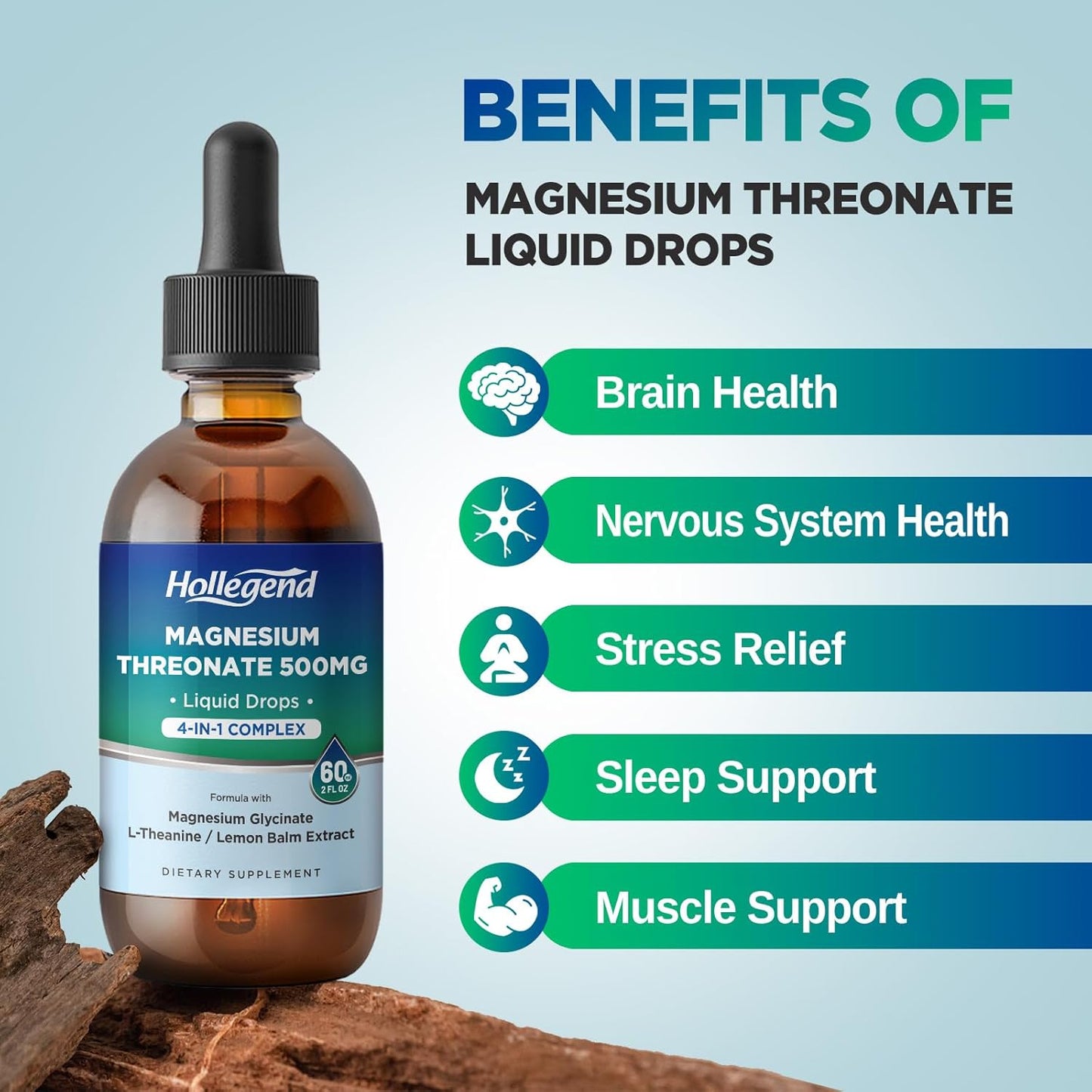 500mg Magnesium Threonate Liquid Drops with Glycinate, L-Theanine, Lemon Balm - Brain Health Supplement for Kids & Adults - 2 Fl Oz