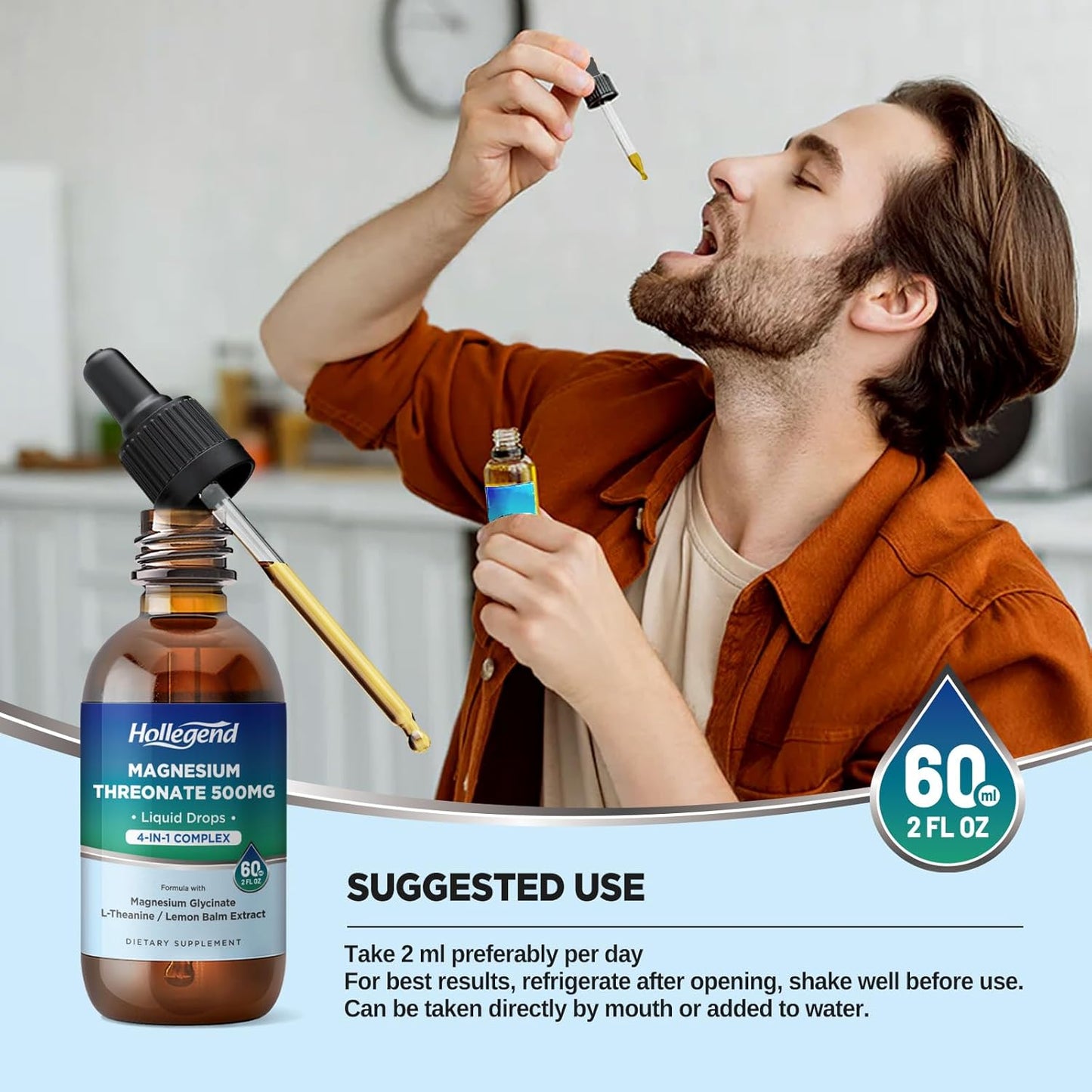 500mg Magnesium Threonate Liquid Drops with Glycinate, L-Theanine, Lemon Balm - Brain Health Supplement for Kids & Adults - 2 Fl Oz