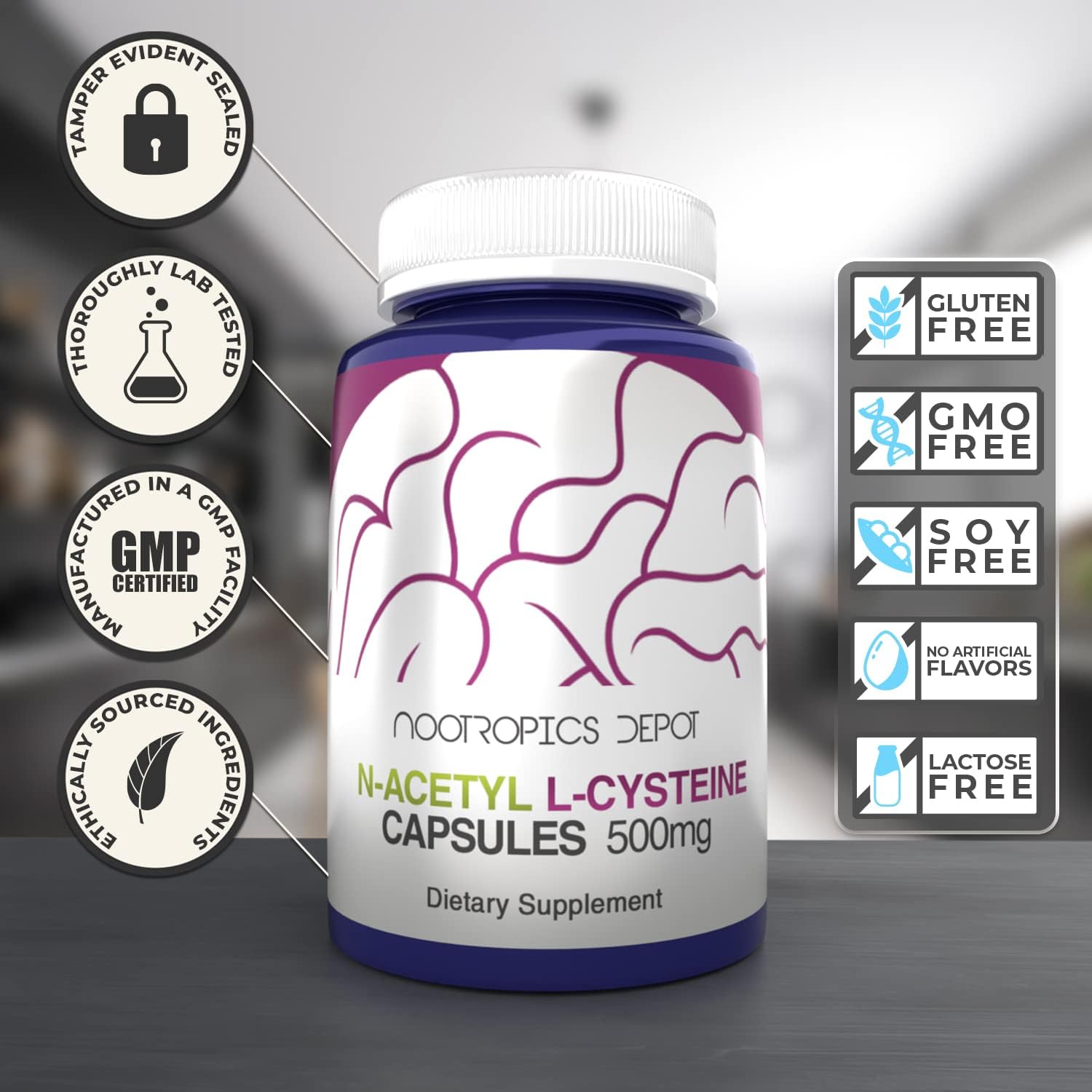 500mg N-Acetyl L-Cysteine Capsules - 60 Count, Supports Liver & Cellular Health, Boosts Glutathione & Oxidation Levels by Nootropics Depot