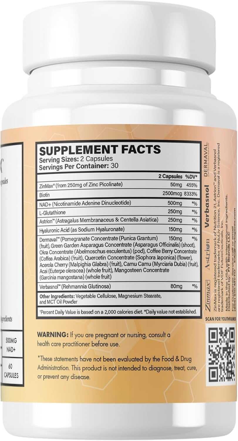 500mg NAD+ Capsules for Anti-Aging, Cellular Health, and Vitality - 60 Capsules