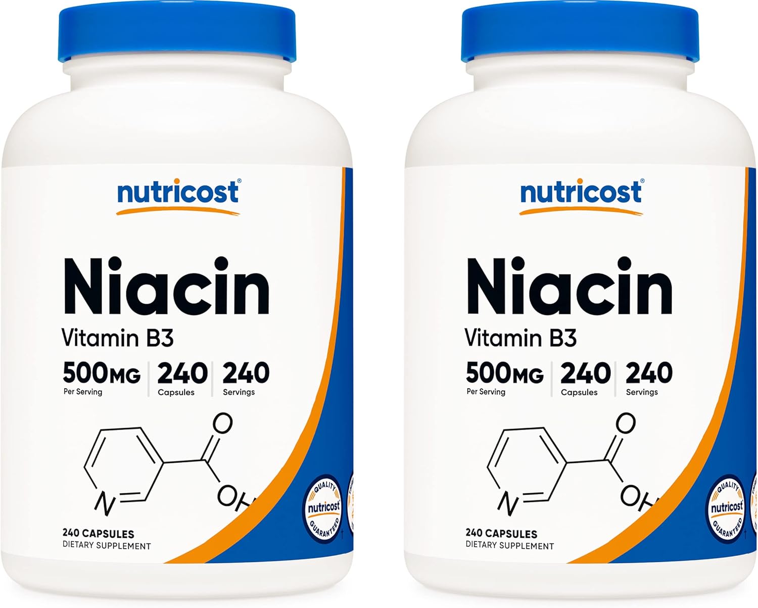 500mg Niacin (Vitamin B3) Capsules - 2 Bottles for Niacin Flush, Nutricost Quality