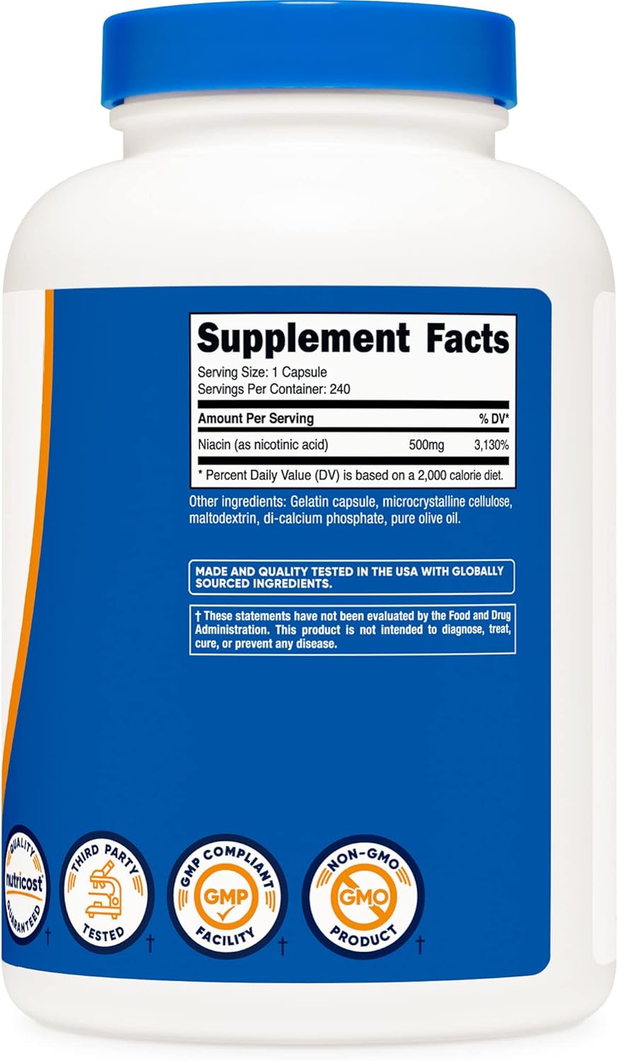 500mg Niacin (Vitamin B3) Capsules - 2 Bottles for Niacin Flush, Nutricost Quality