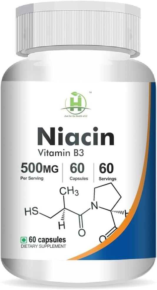 500mg Niacin (Vitamin B3) Capsules for Energy and Skin Health - 60 Vegetarian Capsules