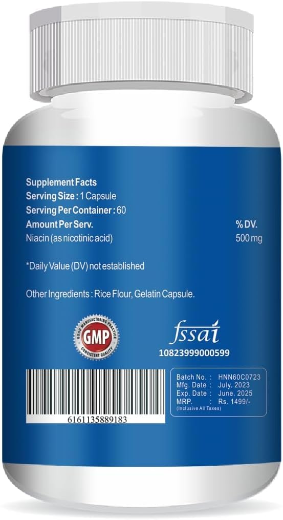 500mg Niacin (Vitamin B3) Capsules for Energy and Skin Health - 60 Vegetarian Capsules