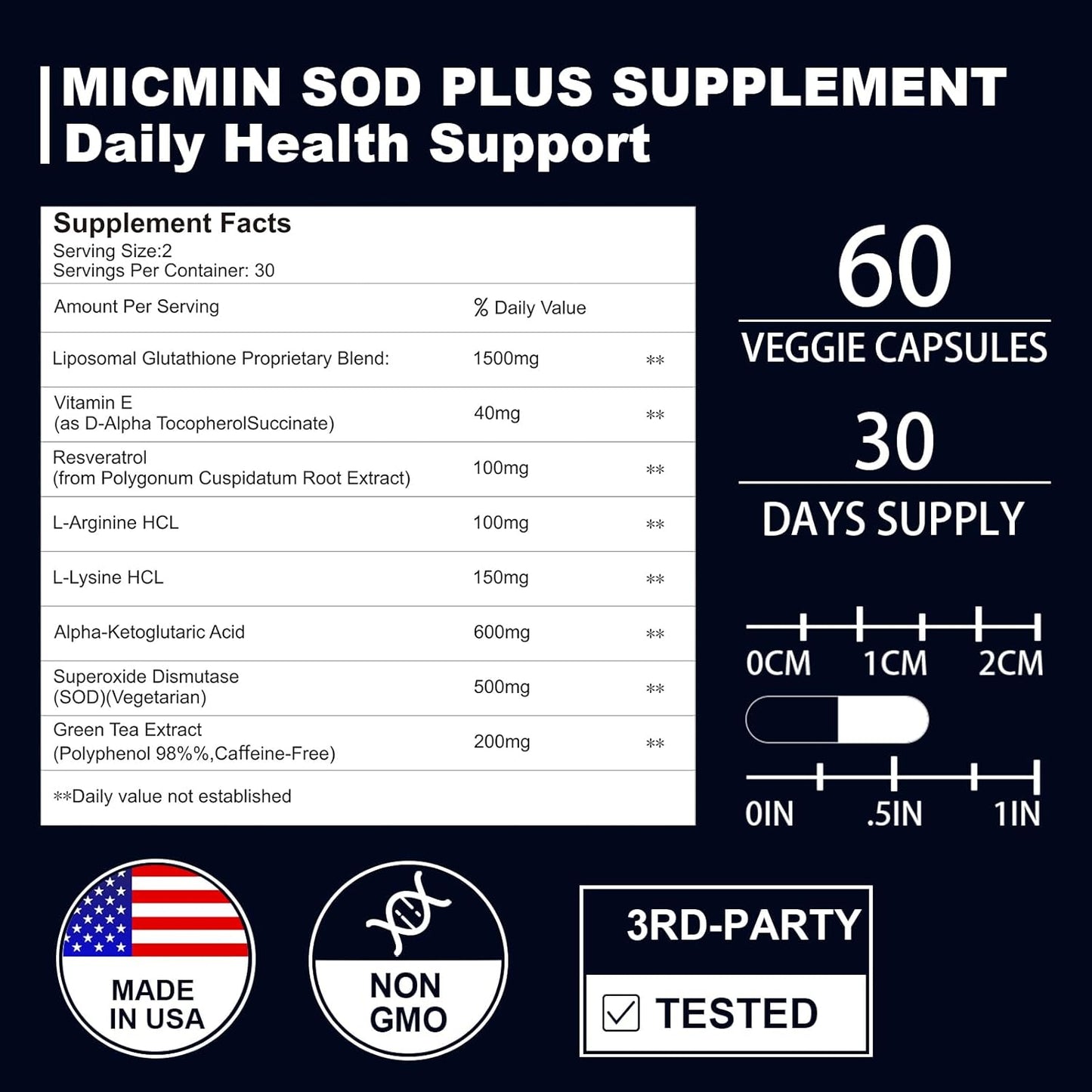 500mg NICMIN Superoxide Dismutase Supplement - Immune Support Antioxidant with Glutathione, Green Tea, Resveratrol (60 Capsules)