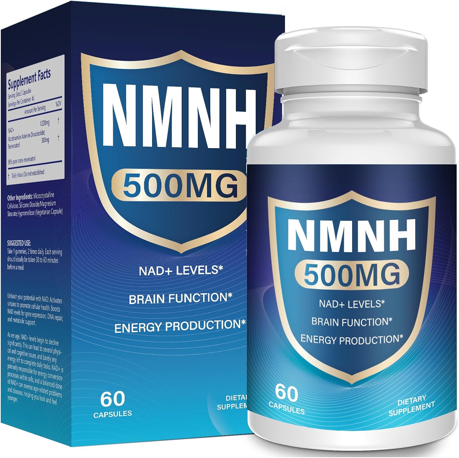 500mg NMNH Supplement - Boost NAD+ Levels for Anti Aging and Energy - 60 Capsules