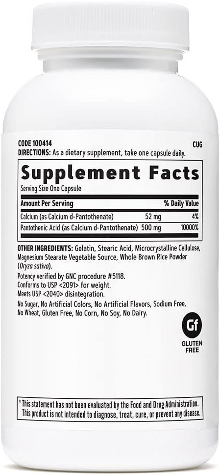 500mg Pantothenic Acid Capsules by GNC - 100 Count, Boosts Energy Metabolism