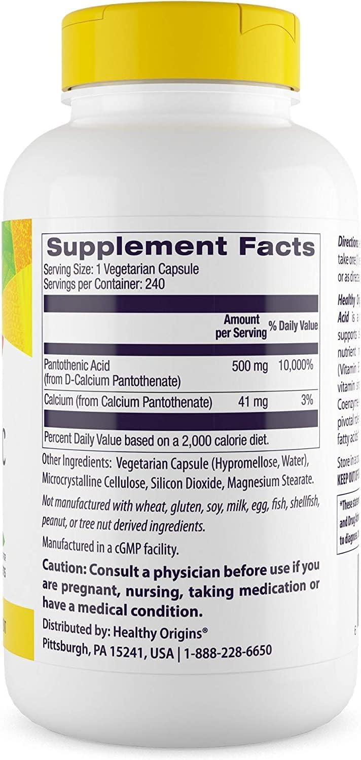 500mg Pantothenic Acid Supplement for Energy Metabolism - Non-GMO & Gluten-Free - 240 Veg Caps