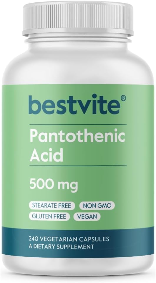 500mg Pantothenic Acid (Vitamin B5) Capsules - 240 Count - Vegetarian, Vegan, Non-GMO, Gluten-Free - No Stearates, Gelatin, or Calcium Silicate
