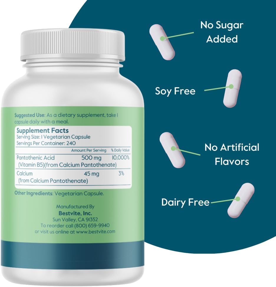 500mg Pantothenic Acid (Vitamin B5) Capsules - 240 Count - Vegetarian, Vegan, Non-GMO, Gluten-Free - No Stearates, Gelatin, or Calcium Silicate