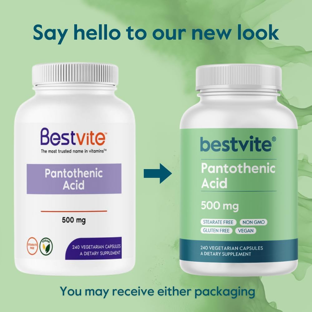 500mg Pantothenic Acid (Vitamin B5) Capsules - 240 Count - Vegetarian, Vegan, Non-GMO, Gluten-Free - No Stearates, Gelatin, or Calcium Silicate