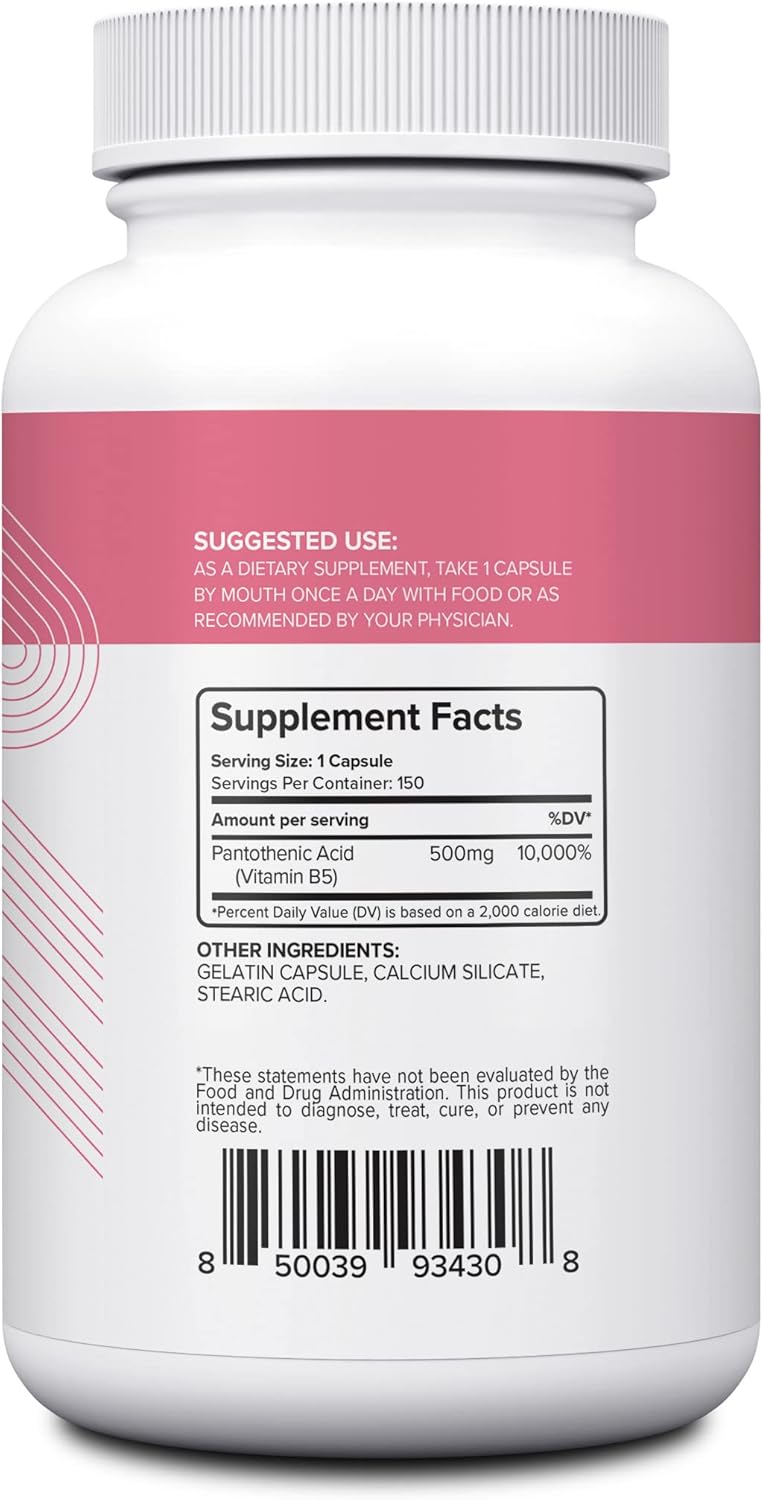 500mg Pantothenic Acid (Vitamin B5) Supplement - 150 Capsules for Energy, Focus, Digestion, and Skin Health