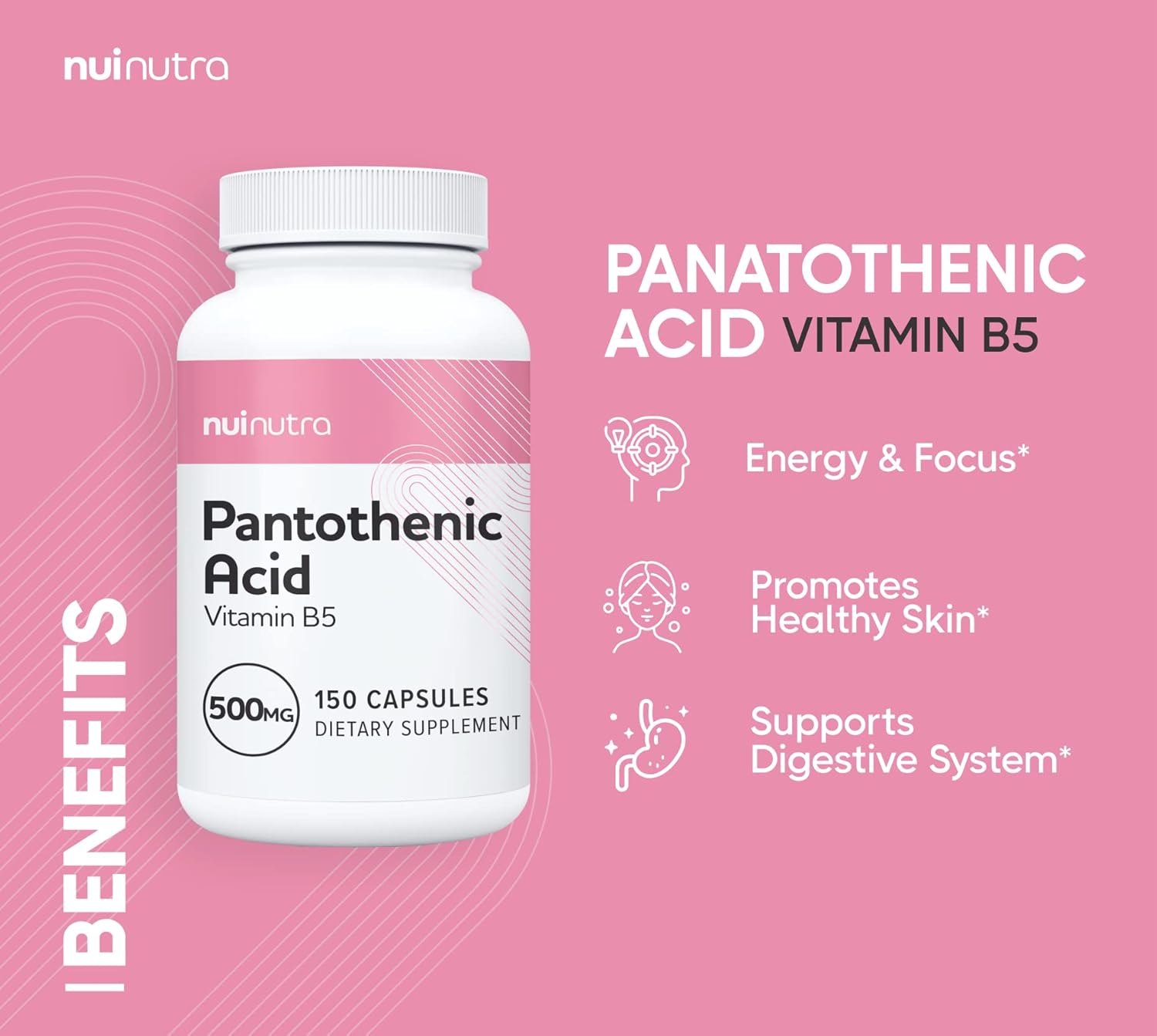 500mg Pantothenic Acid (Vitamin B5) Supplement - 150 Capsules for Energy, Focus, Digestion, and Skin Health