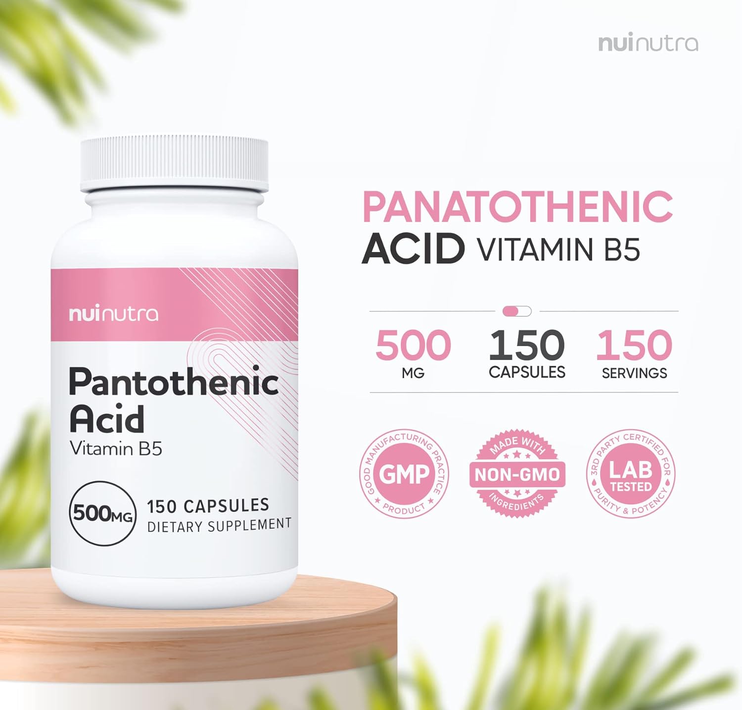 500mg Pantothenic Acid (Vitamin B5) Supplement - 150 Capsules for Energy, Focus, Digestion, and Skin Health