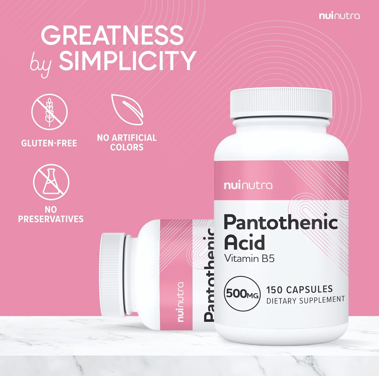 500mg Pantothenic Acid (Vitamin B5) Supplement - 150 Capsules for Energy, Focus, Digestion, and Skin Health