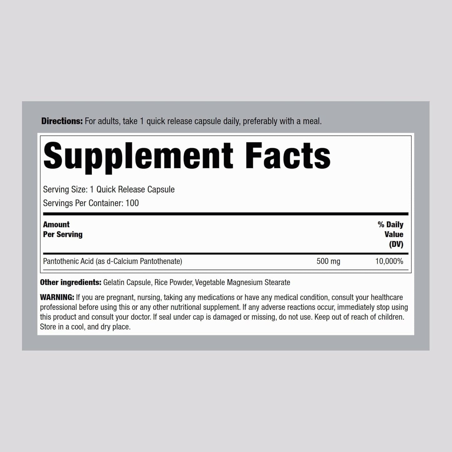 500mg Piping Rock Pantothenic Acid Capsules - Non-GMO, Gluten Free Supplement | 100 Count