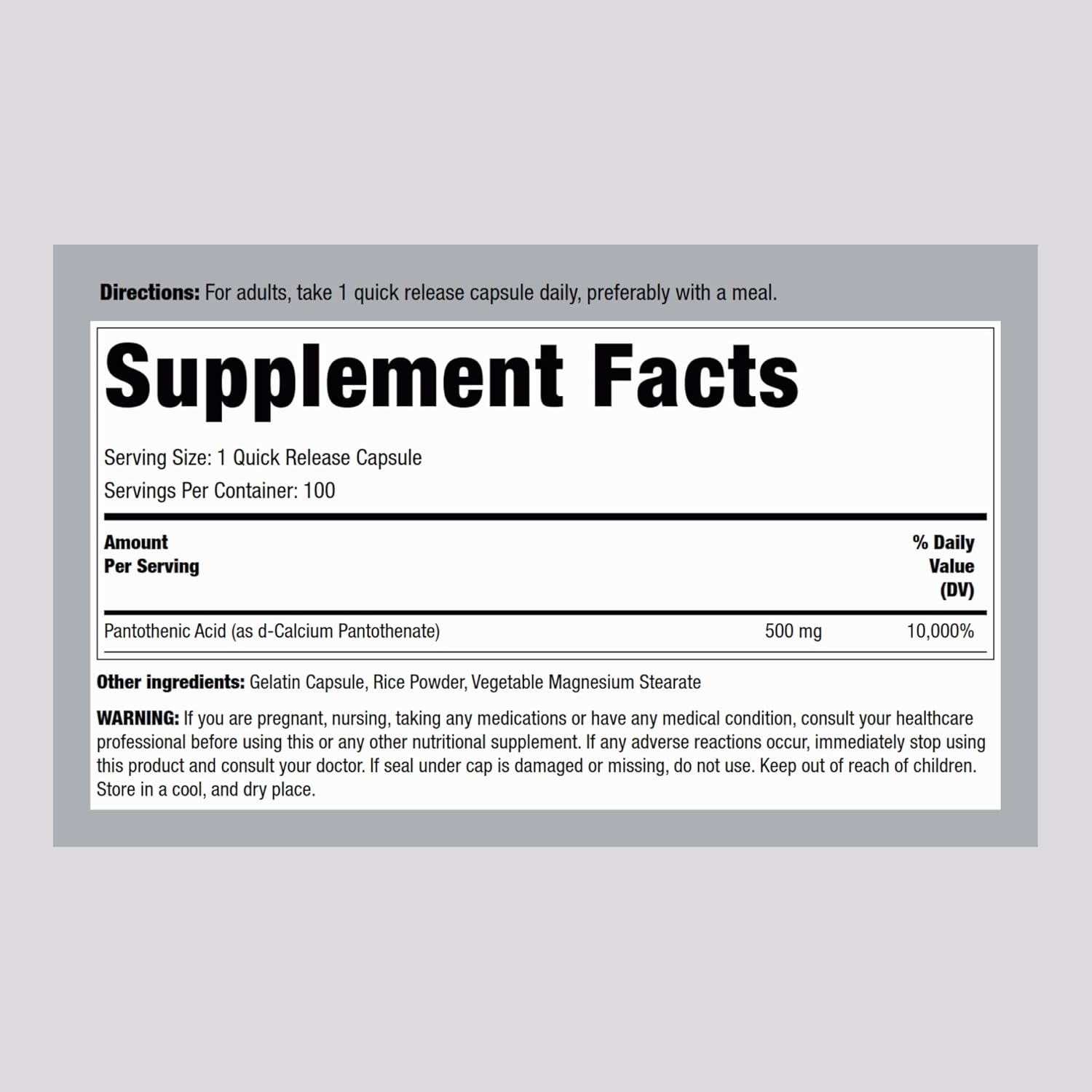 500mg Piping Rock Pantothenic Acid Capsules - Non-GMO, Gluten Free Supplement | 100 Count