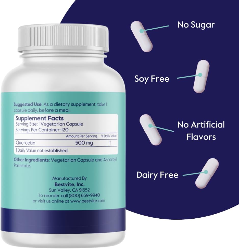 500mg Quercetin Supplement - 120 Vegetarian Capsules - Vegan & Non-GMO - Gluten-Free - No Stearates or Silicon Dioxide