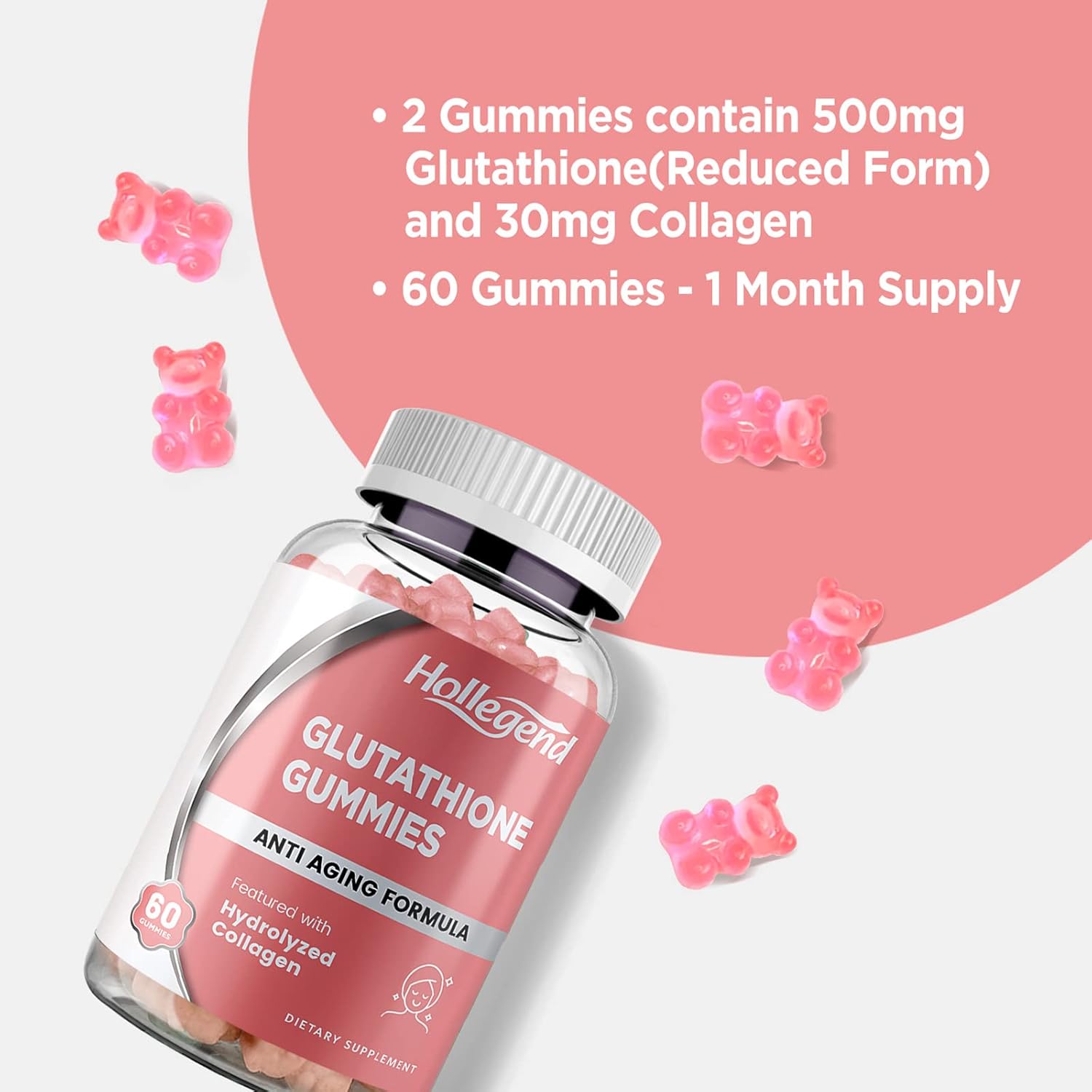 500mg Reduced Glutathione Gummies with Collagen for Skin Care, Liver Support, Antioxidant, Immune System - 60 Count