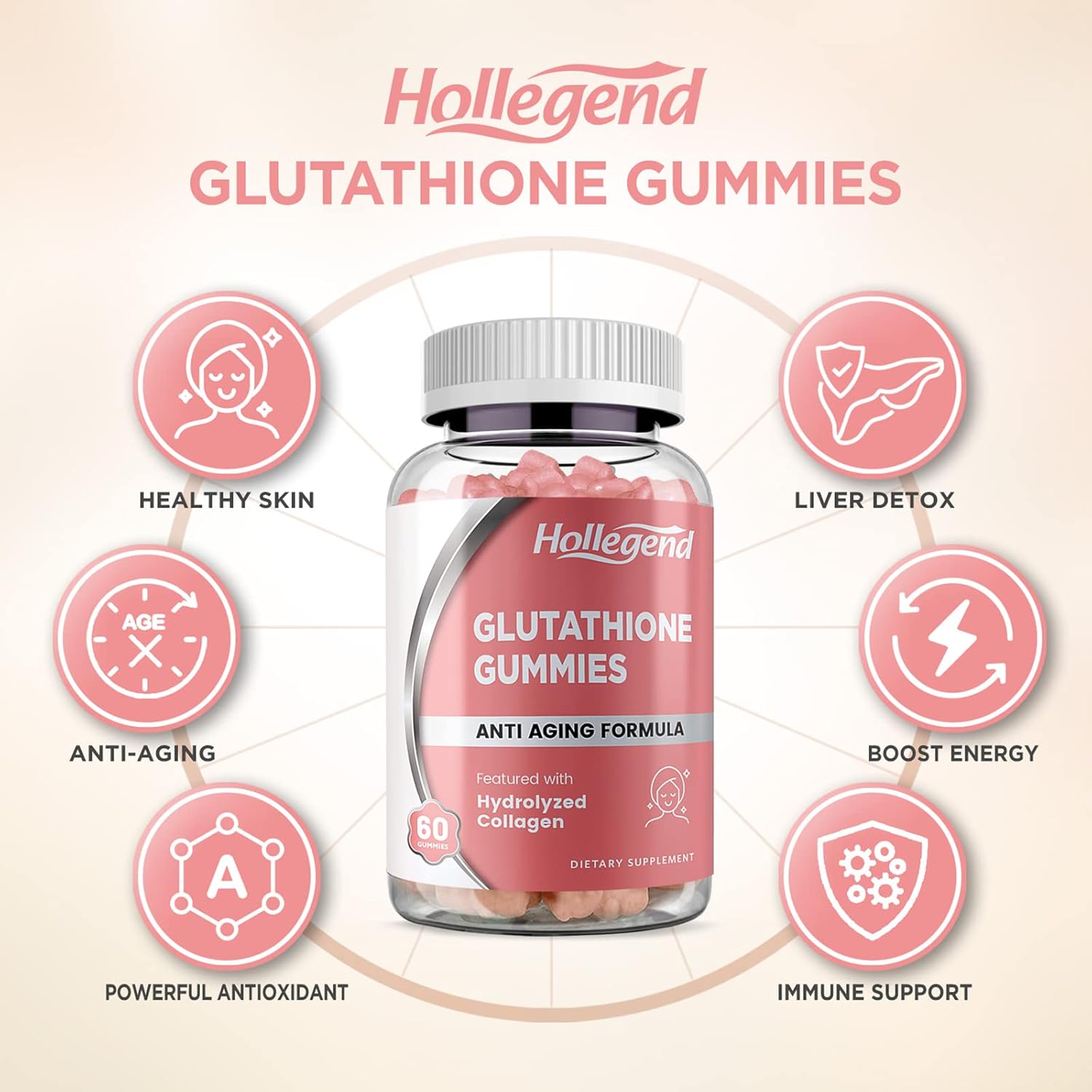 500mg Reduced Glutathione Gummies with Collagen for Skin Care, Liver Support, Antioxidant, Immune System - 60 Count