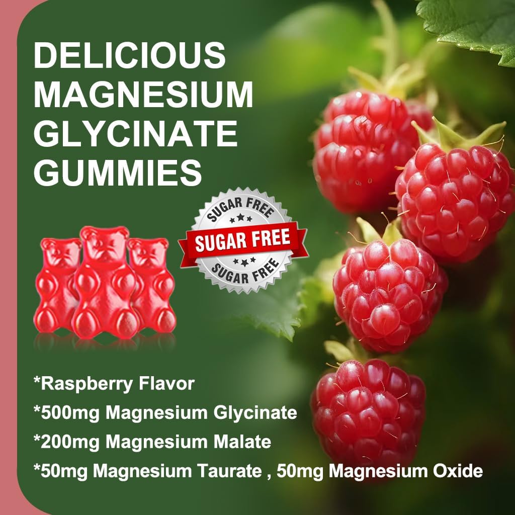 500mg Sugar Free Magnesium Glycinate Gummies with COQ10, B6, D3 - Sleep & Calm Support - 60 Raspberry Gummies