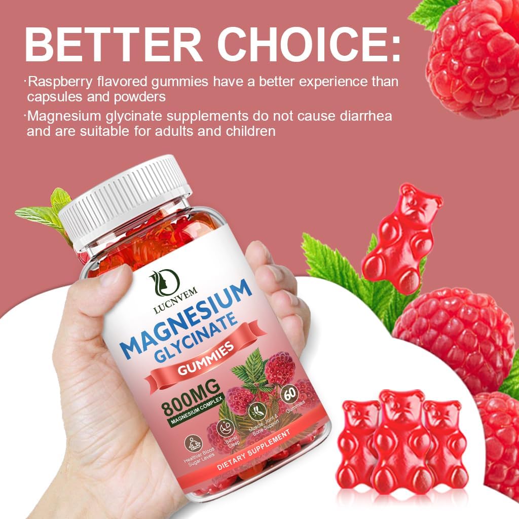 500mg Sugar Free Magnesium Glycinate Gummies with COQ10, B6, D3 - Sleep & Calm Support - 60 Raspberry Gummies