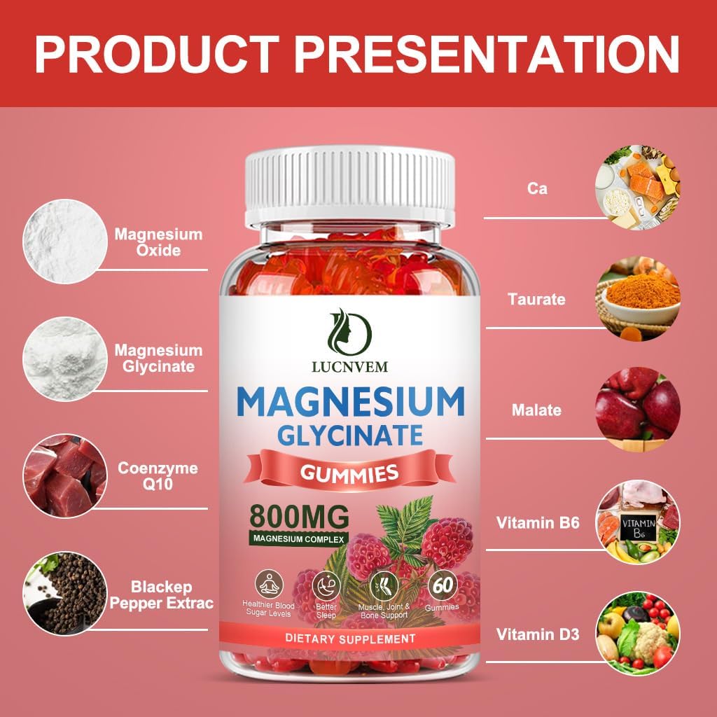 500mg Sugar Free Magnesium Glycinate Gummies with COQ10, B6, D3 - Sleep & Calm Support - 60 Raspberry Gummies