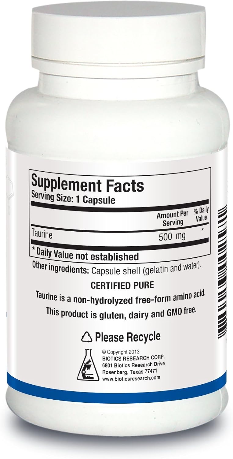 500mg Taurine Capsules for Brain and Cardiovascular Health - Antioxidant Amino Acid Supplement