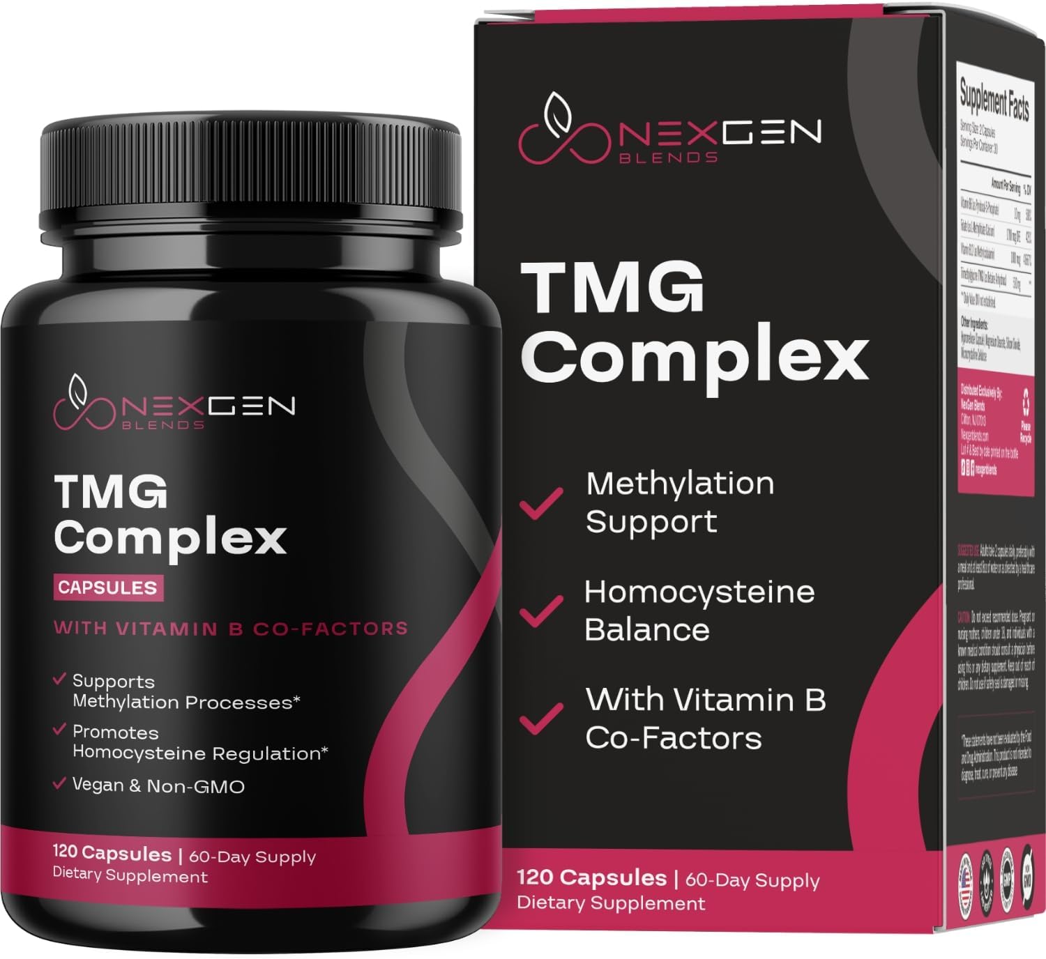 500mg TMG Betaine Supplement with Methyl B Complex for Heart & Liver Support - Vegan & Non-GMO - 2 Month Supply