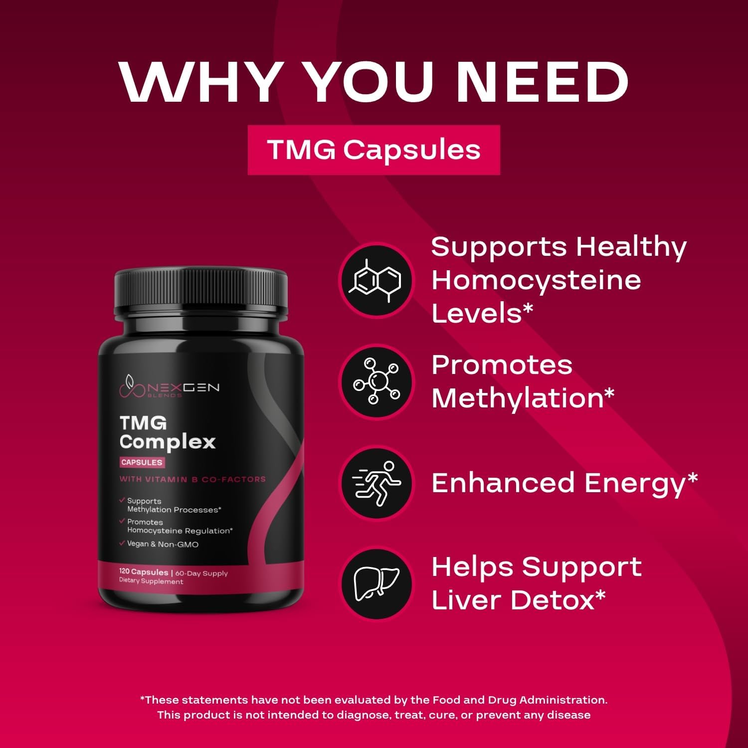 500mg TMG Betaine Supplement with Methyl B Complex for Heart & Liver Support - Vegan & Non-GMO - 2 Month Supply