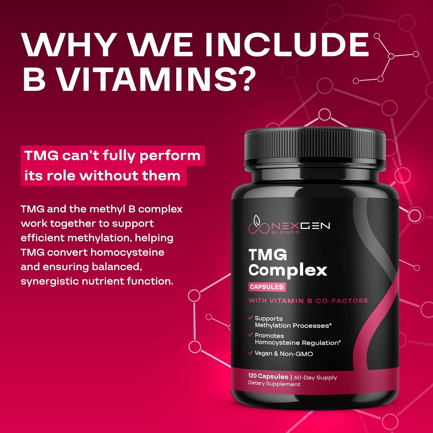 500mg TMG Betaine Supplement with Methyl B Complex for Heart & Liver Support - Vegan & Non-GMO - 2 Month Supply