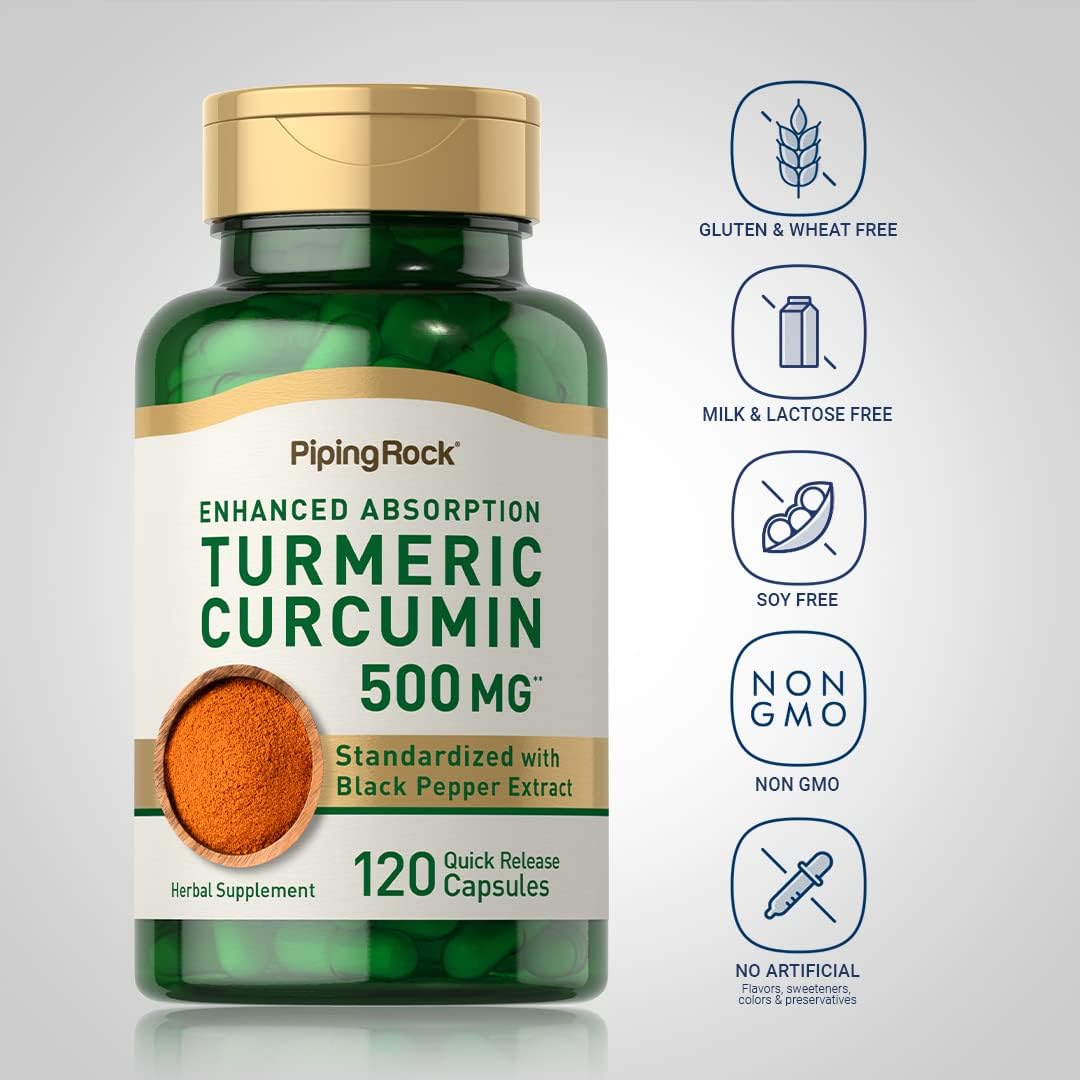 500mg Turmeric Curcumin Supplement Capsules with Black Pepper Extract | 120 Count, Non-GMO & Gluten Free