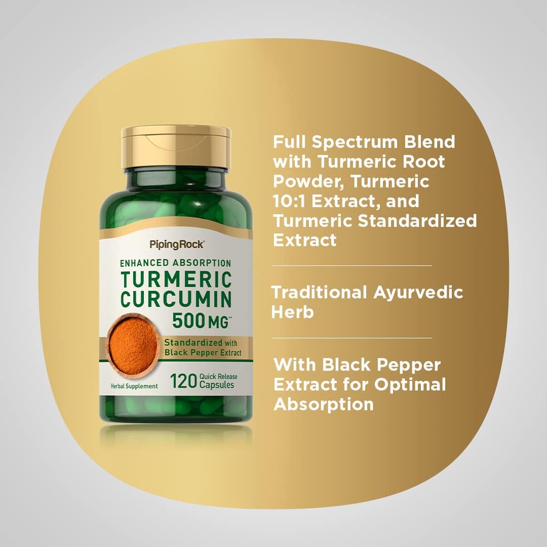 500mg Turmeric Curcumin Supplement Capsules with Black Pepper Extract | 120 Count, Non-GMO & Gluten Free