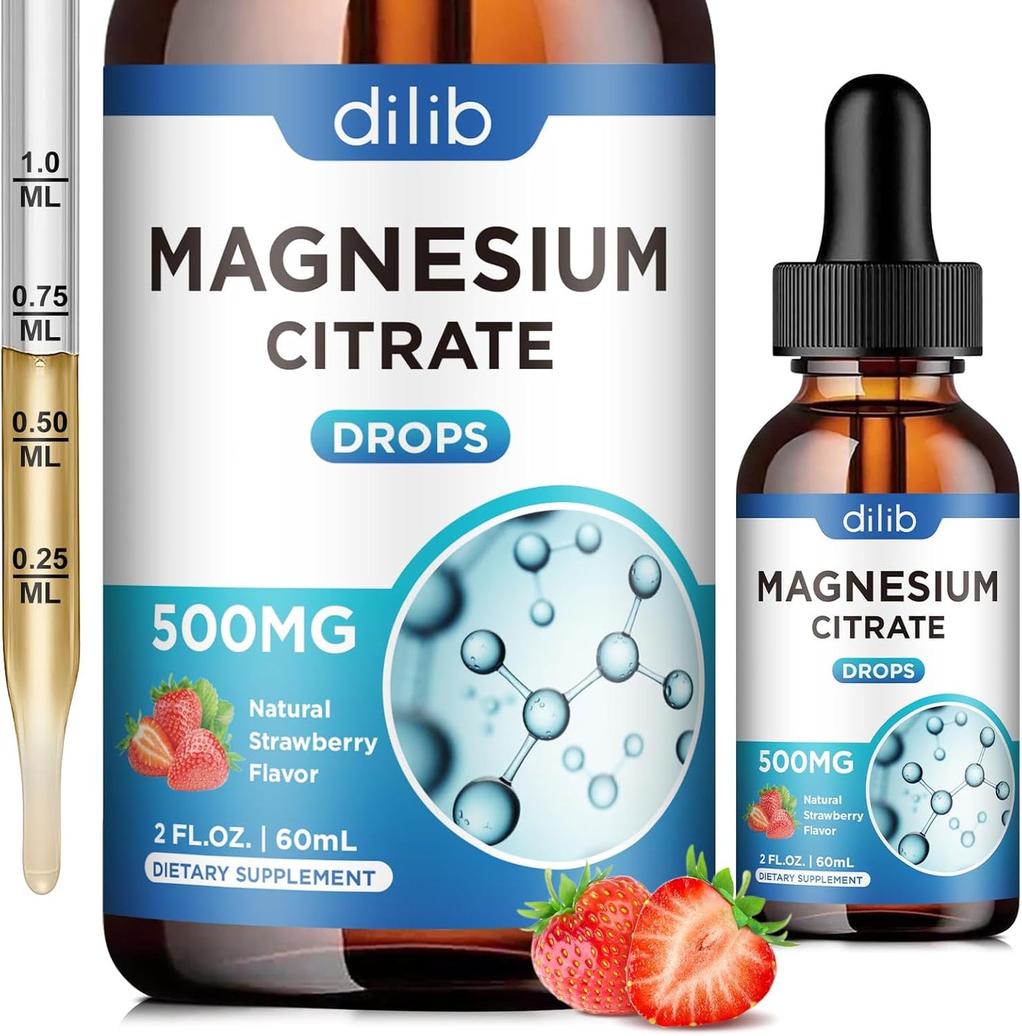 500mg Vegan Strawberry Flavored Magnesium Citrate Liquid Drops for Stress Relief, Bone & Muscle Support - 2 Fl Oz