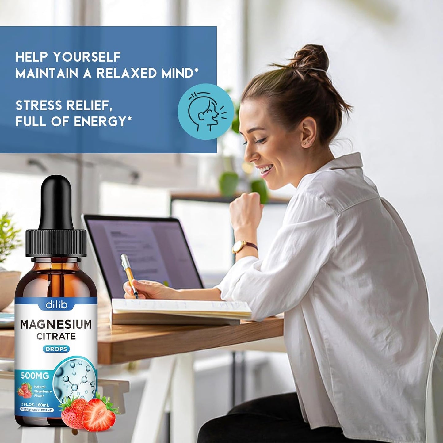 500mg Vegan Strawberry Flavored Magnesium Citrate Liquid Drops for Stress Relief, Bone & Muscle Support - 2 Fl Oz
