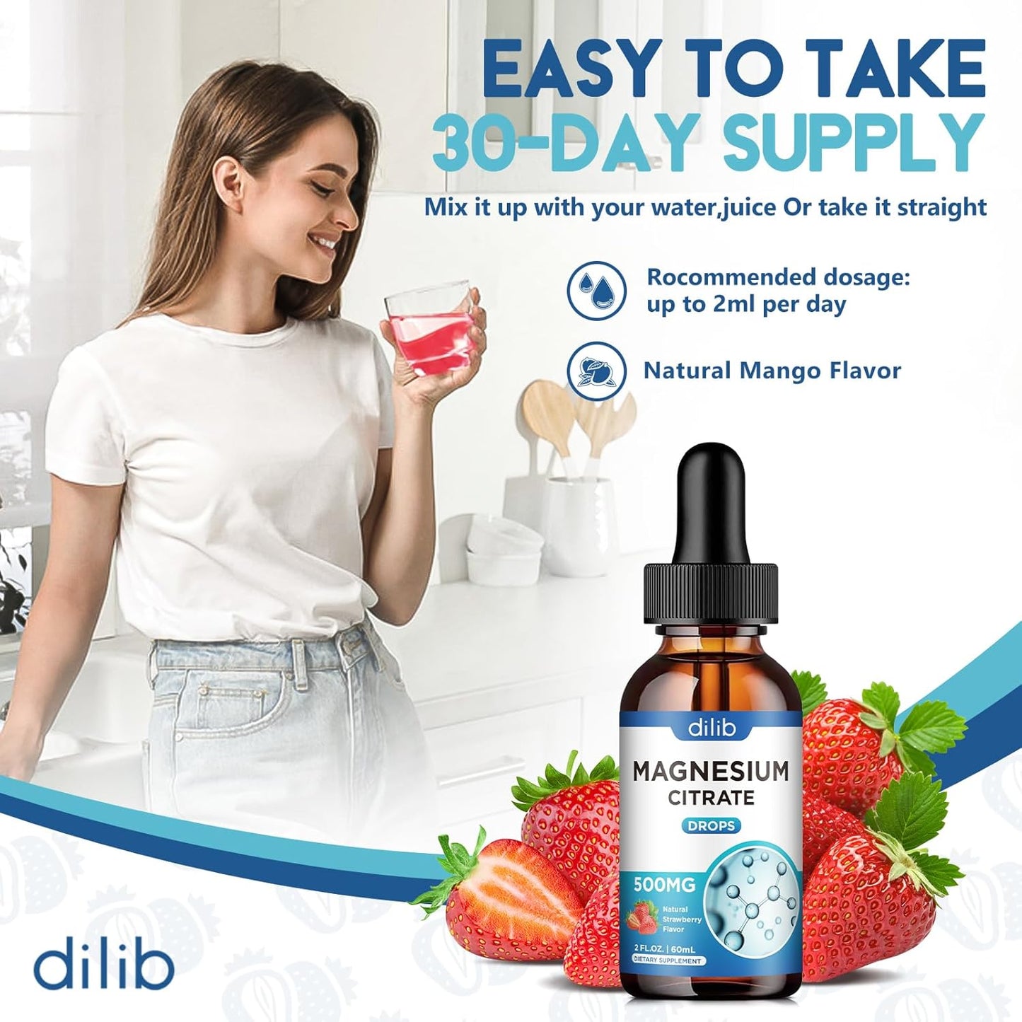 500mg Vegan Strawberry Flavored Magnesium Citrate Liquid Drops for Stress Relief, Bone & Muscle Support - 2 Fl Oz