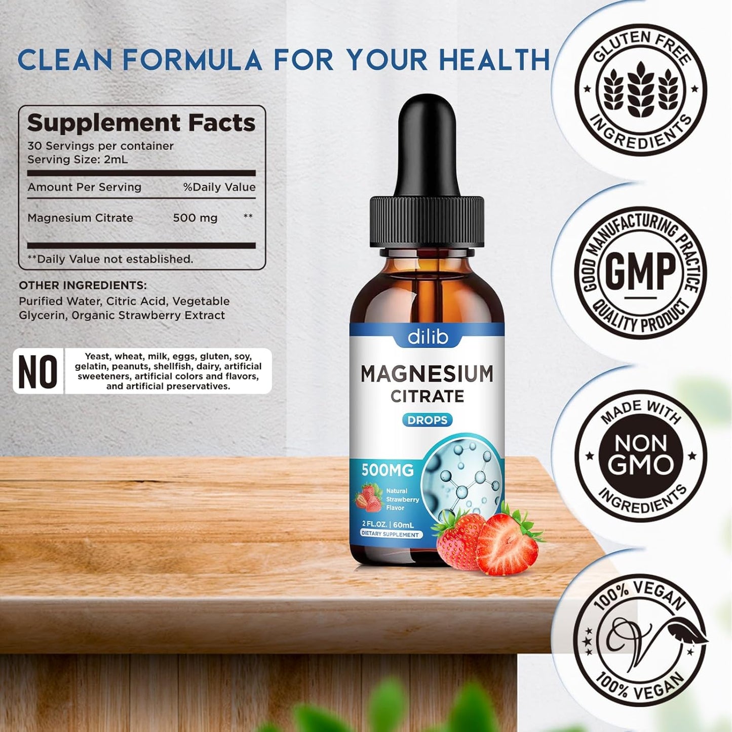 500mg Vegan Strawberry Flavored Magnesium Citrate Liquid Drops for Stress Relief, Bone & Muscle Support - 2 Fl Oz