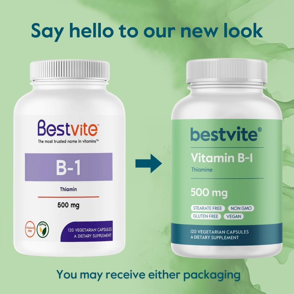 500mg Vitamin B-1 (Thiamin) Supplement - 120 Vegetarian Capsules - Vegan, Non-GMO, Gluten Free - No Additives