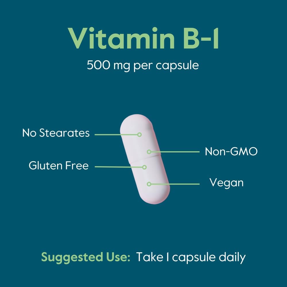 500mg Vitamin B-1 (Thiamin) Supplement - 120 Vegetarian Capsules - Vegan, Non-GMO, Gluten Free - No Additives
