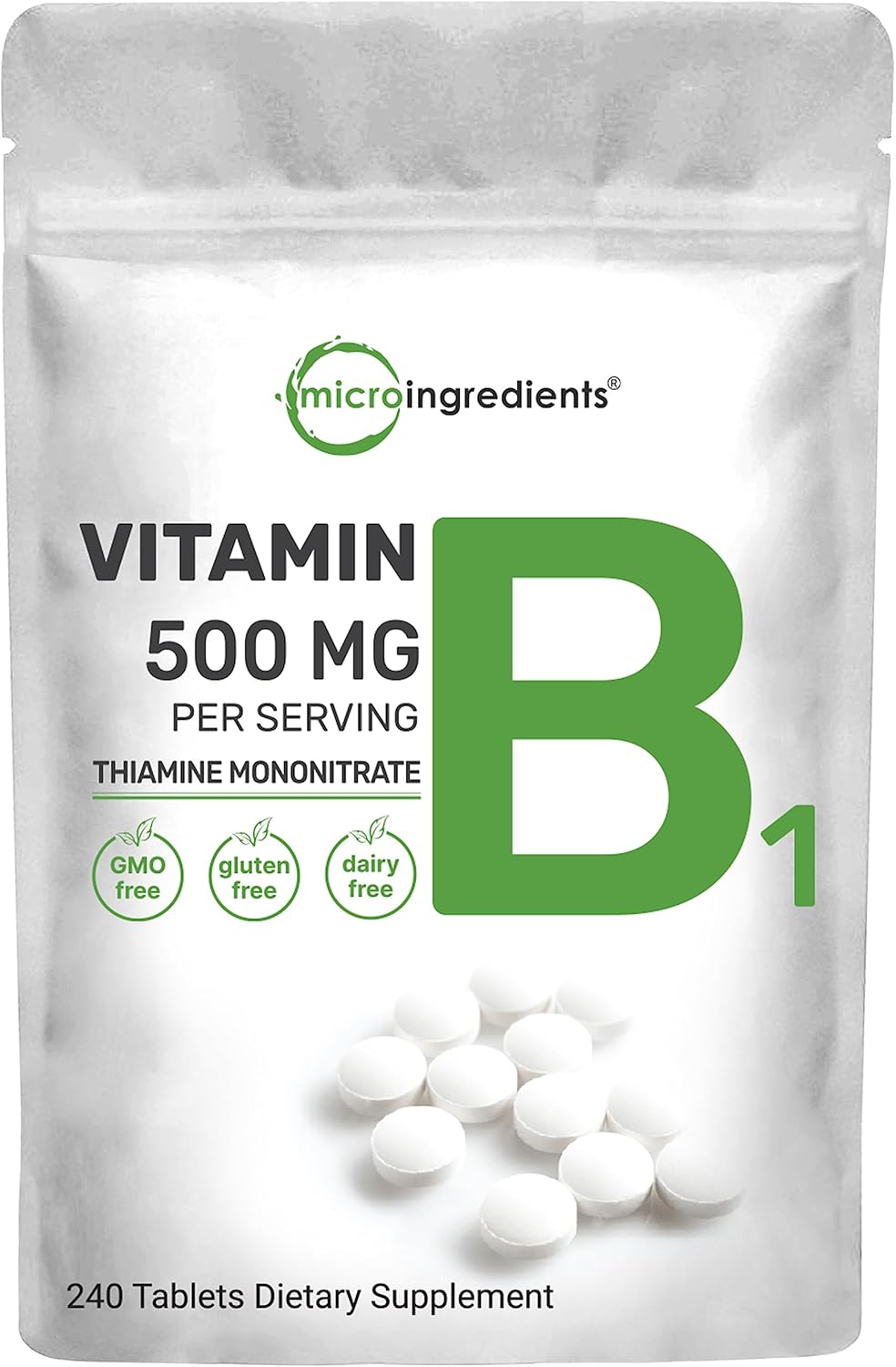 500mg Vitamin B1 Thiamine Tablets - Supports Metabolism & Nervous System - 240 Non-GMO Easy Swallow Pills