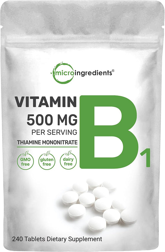 500mg Vitamin B1 Thiamine Tablets - Supports Metabolism & Nervous System - 240 Non-GMO Easy Swallow Pills