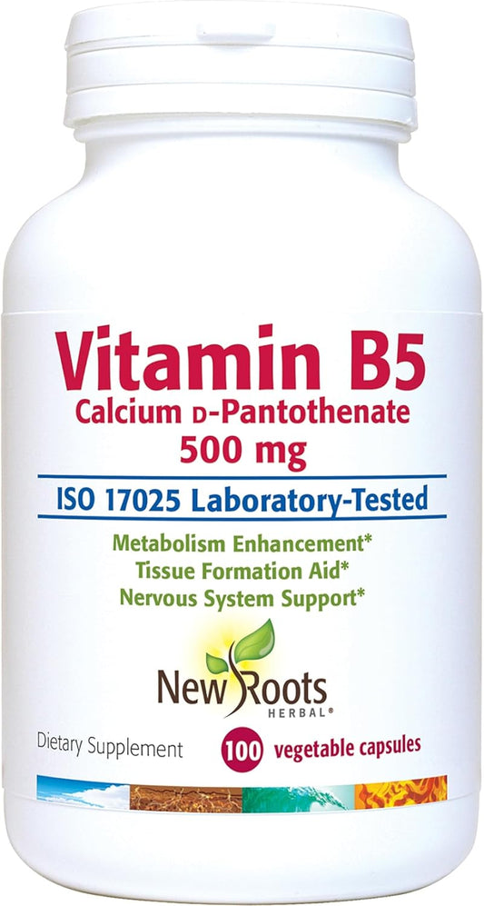 500mg Vitamin B5 with Calcium | Pantothenic Acid Supplement (100 Capsules) by NEW ROOTS HERBAL