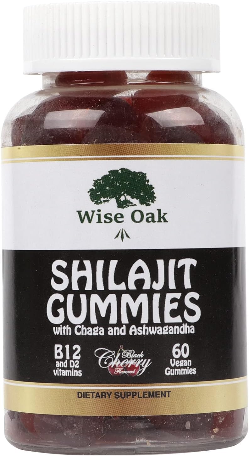 500mg Wise Oak Shilajit Gummies with Chaga, Ashwagandha, B12, D2 Vitamins - Black Cherry Flavored Vegan Ayurvedic Supplement