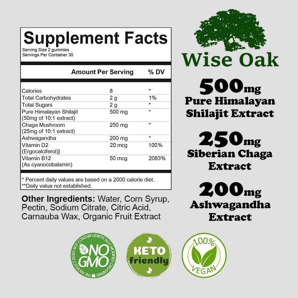 500mg Wise Oak Shilajit Gummies with Chaga, Ashwagandha, B12, D2 Vitamins - Black Cherry Flavored Vegan Ayurvedic Supplement