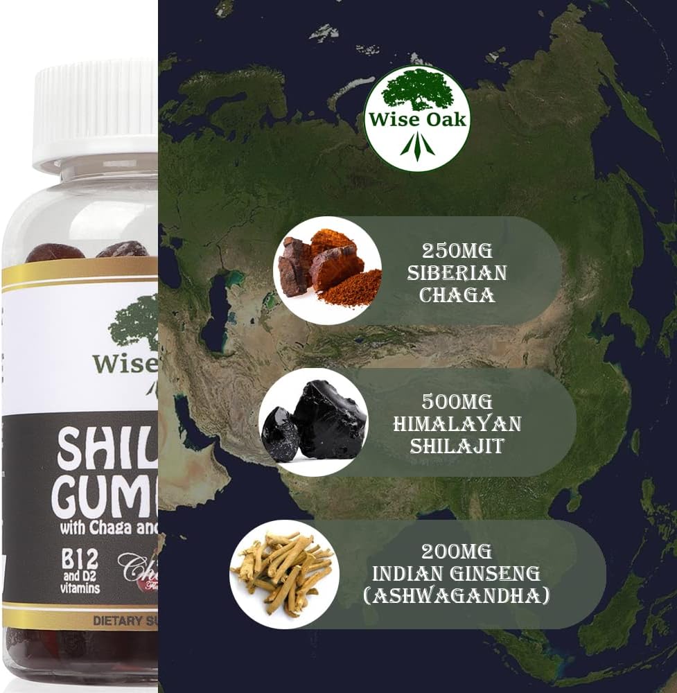 500mg Wise Oak Shilajit Gummies with Chaga, Ashwagandha, B12, D2 Vitamins - Black Cherry Flavored Vegan Ayurvedic Supplement