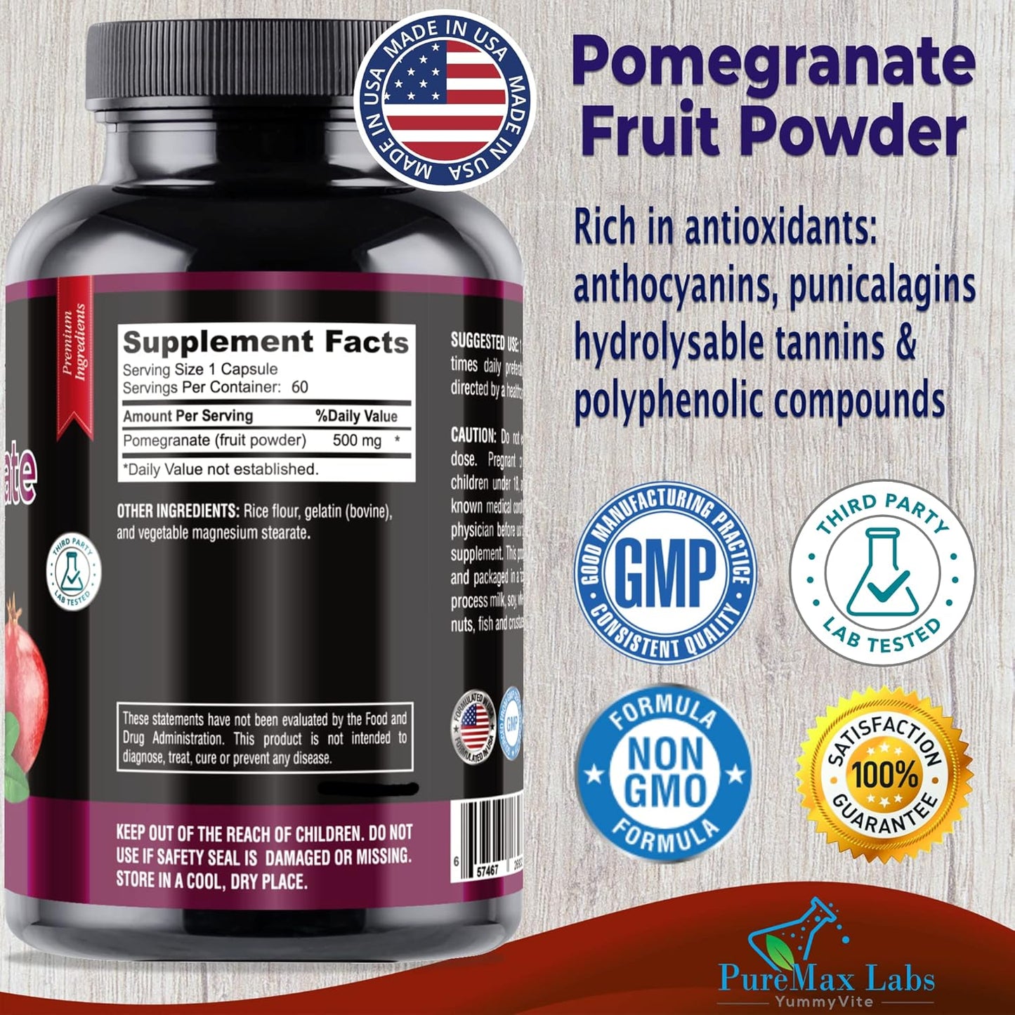 500mg YUMMYVITE Pomegranate Capsules - Antioxidant Superfood Supplement - 60 Capsules