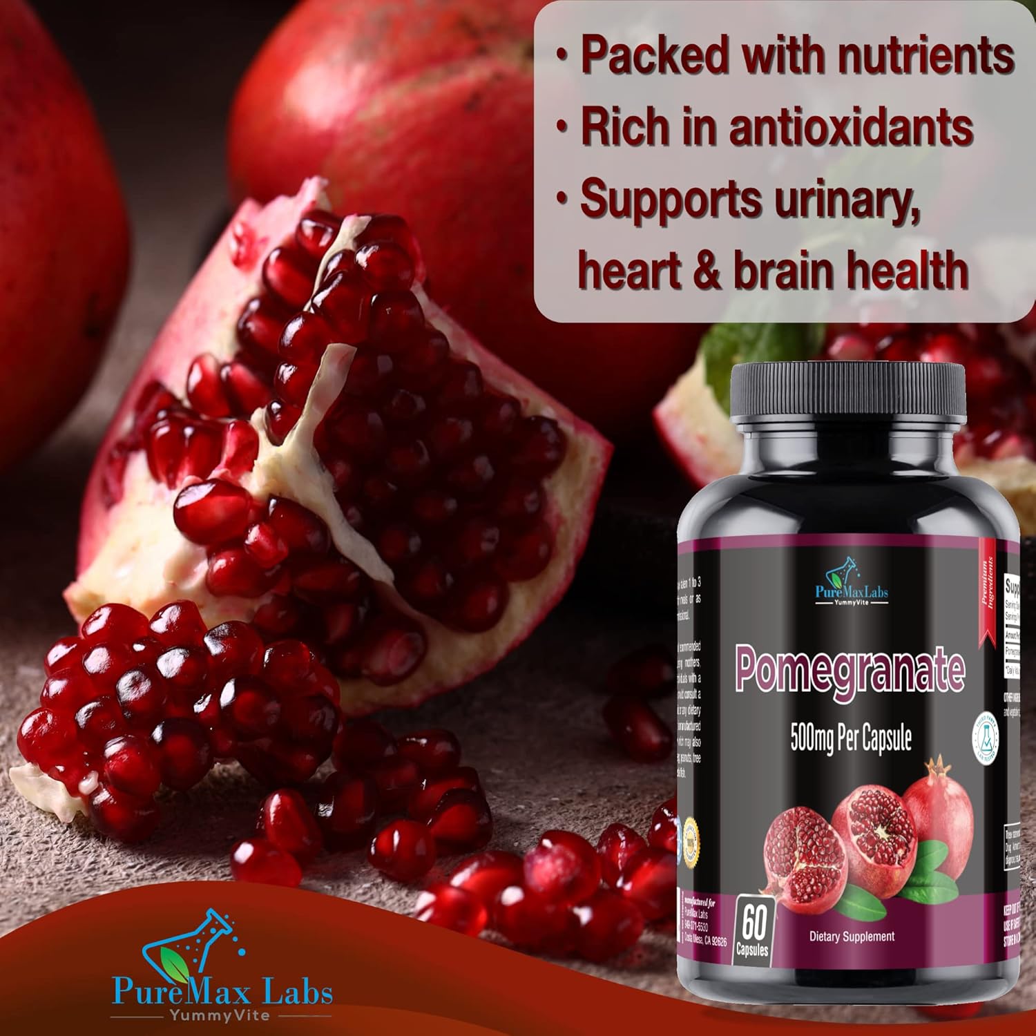 500mg YUMMYVITE Pomegranate Capsules - Antioxidant Superfood Supplement - 60 Capsules