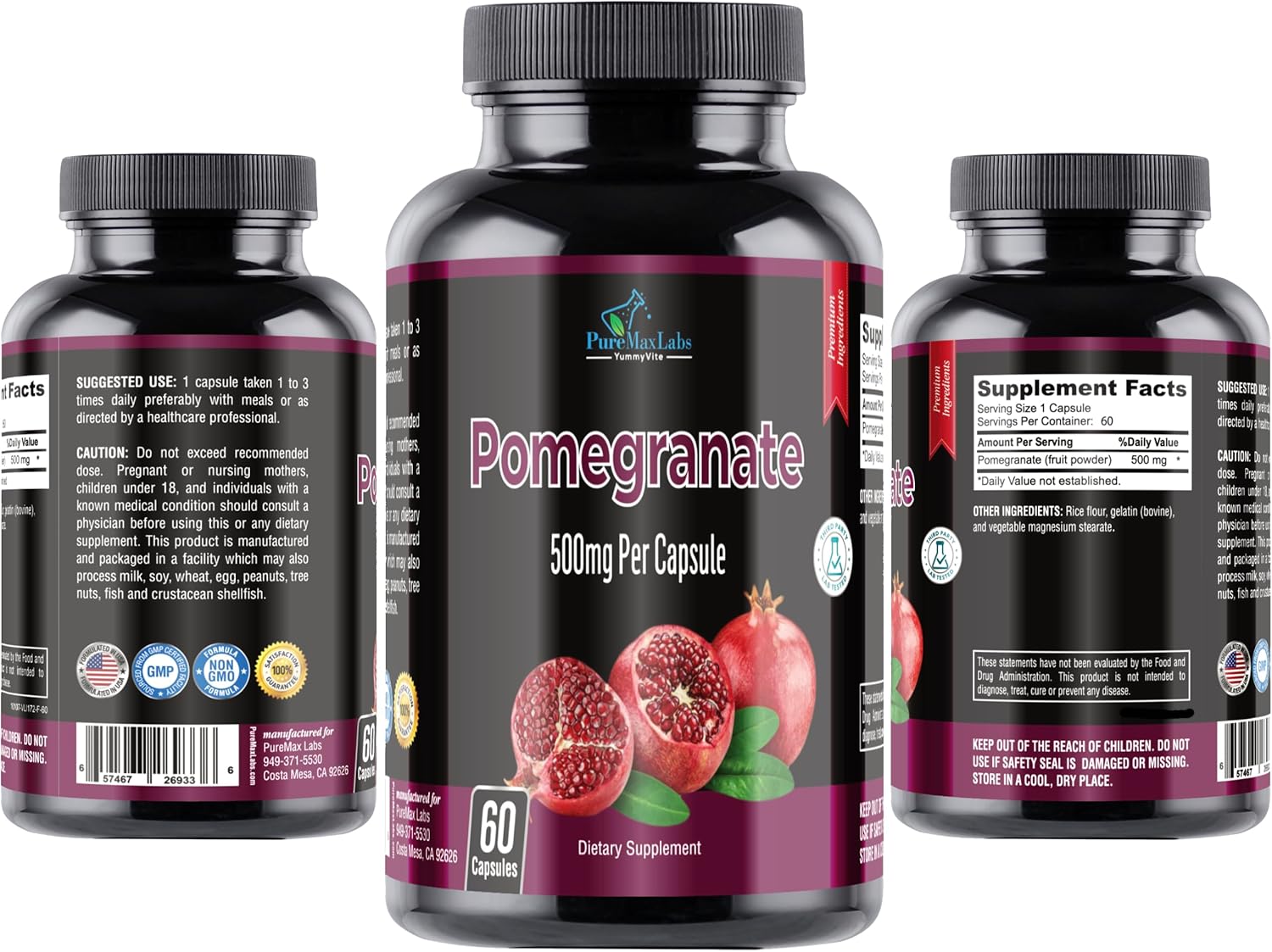 500mg YUMMYVITE Pomegranate Capsules - Antioxidant Superfood Supplement - 60 Capsules